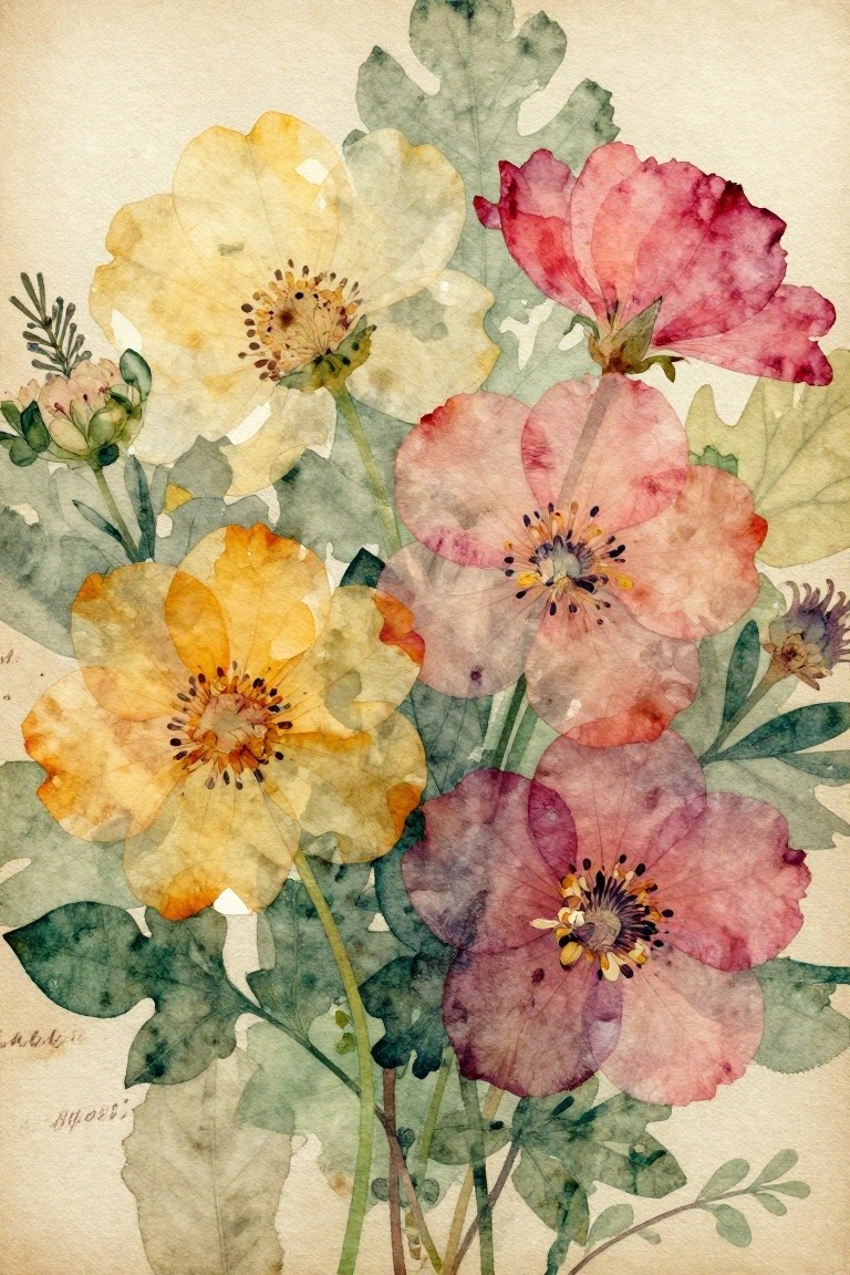 Watercolor poppies in yellow, orange, pink, and purple hues with green leaves.