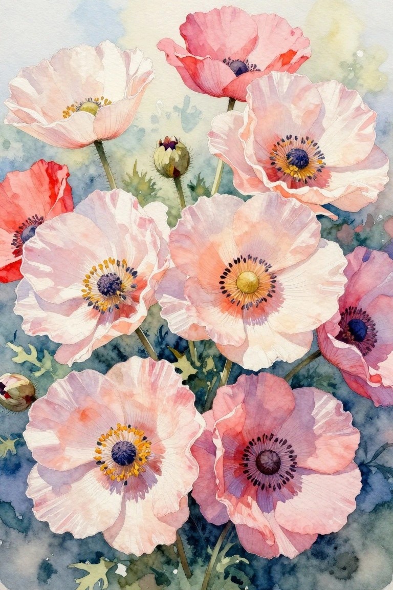 Watercolor poppies in soft pink, white, and red with yellow-black centers.