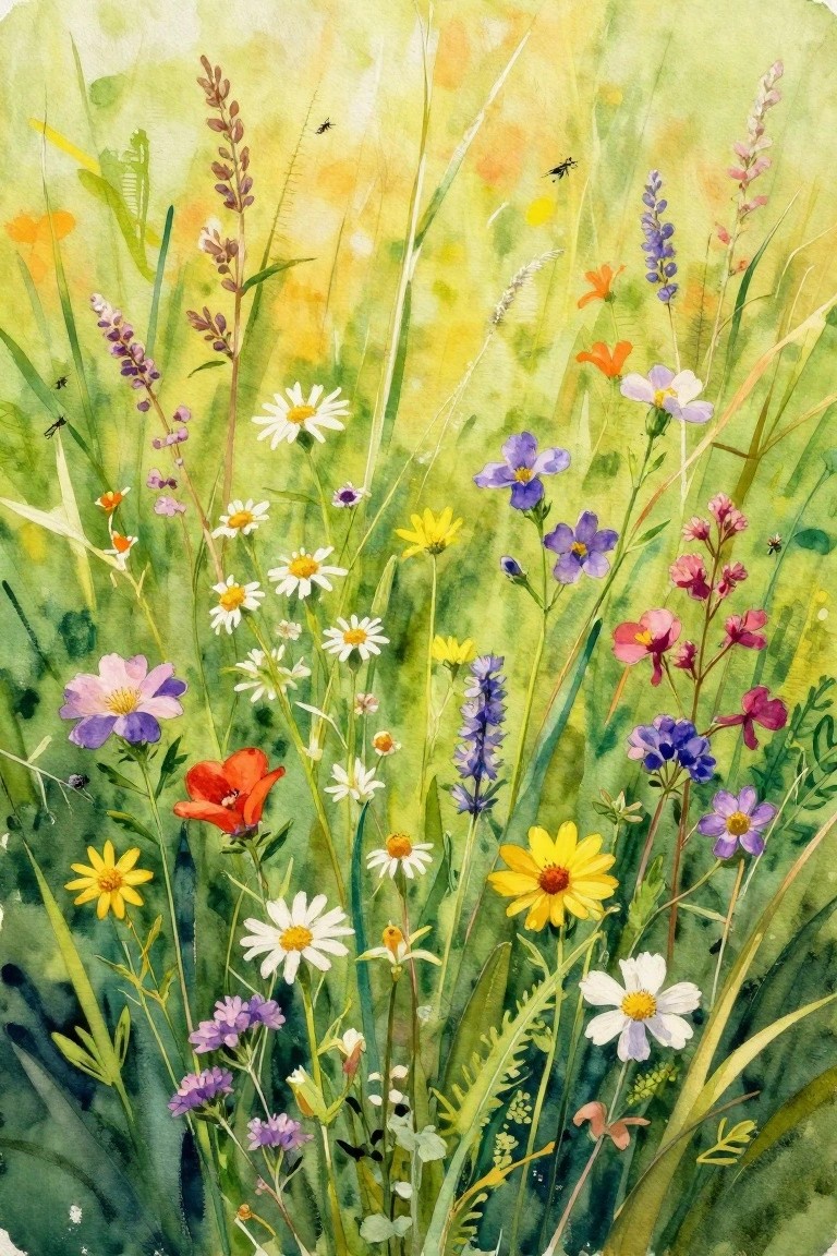 A watercolor painting of a colorful wildflower meadow with daisies, poppies, purple blooms, and tall grasses under soft light.