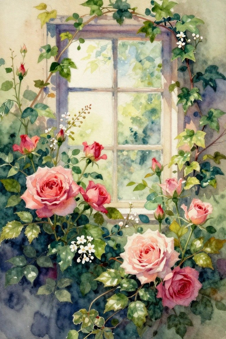 A watercolor painting of pink roses and green ivy surrounding a multi-paned window with a soft green view beyond.