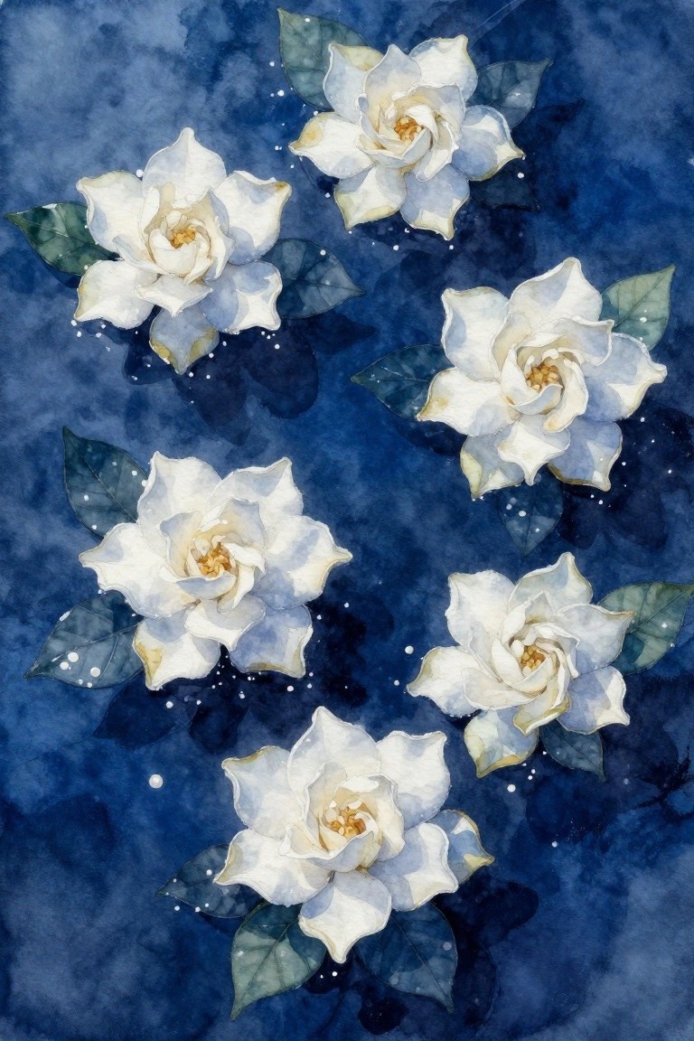 Five white flowers with green leaves on dark blue watercolor background with speckles