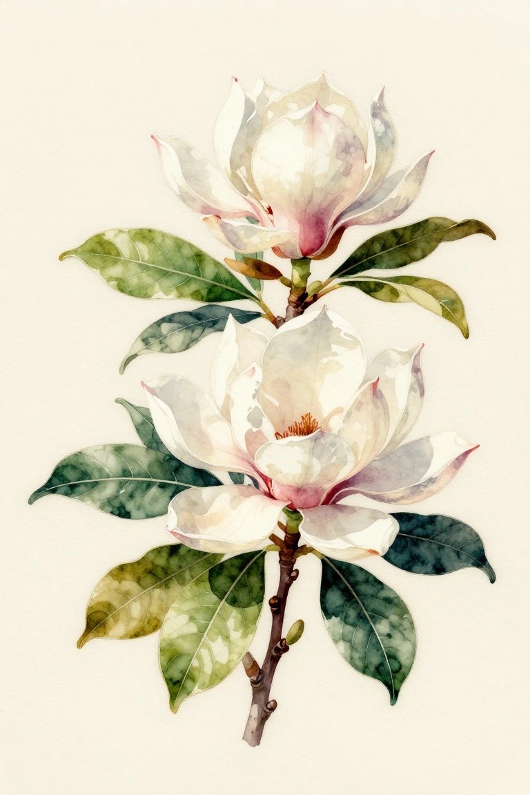 A watercolor painting of two white magnolia flowers with pink centers on a branch with green leaves against a light background.