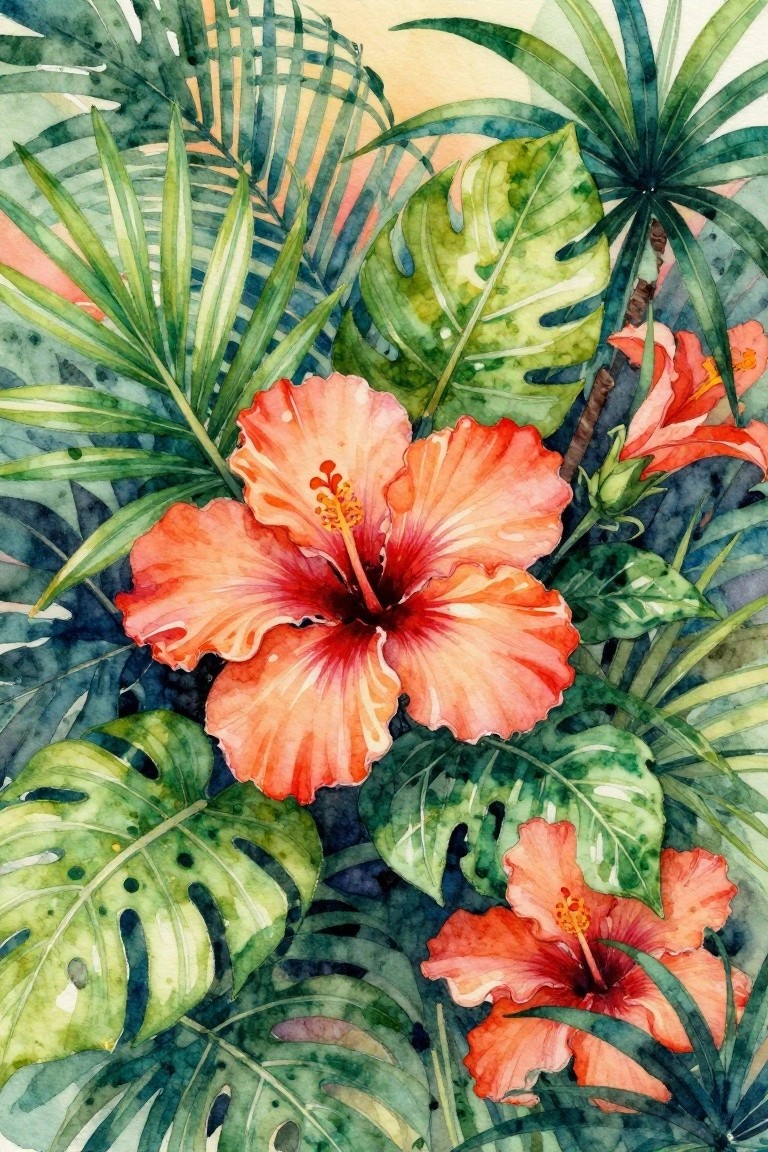 Vibrant watercolor of red hibiscus blooms amid lush tropical monstera and palm leaves.