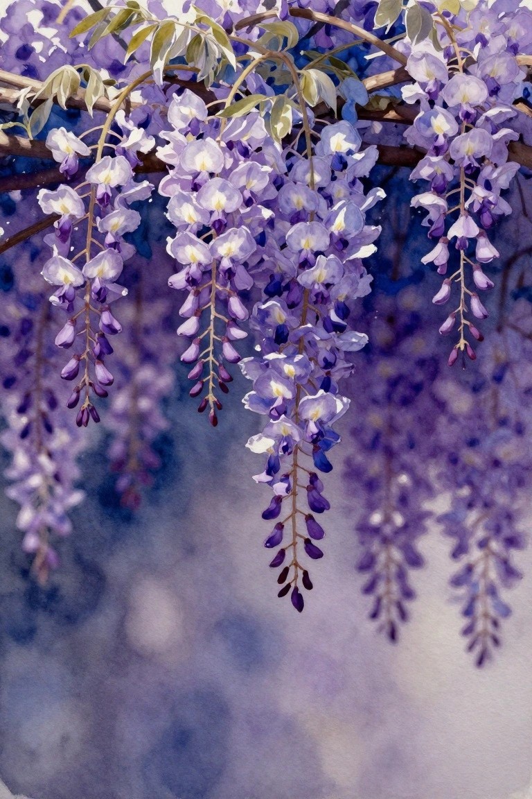 Purple wisteria flowers cascading from branches in soft watercolor style.