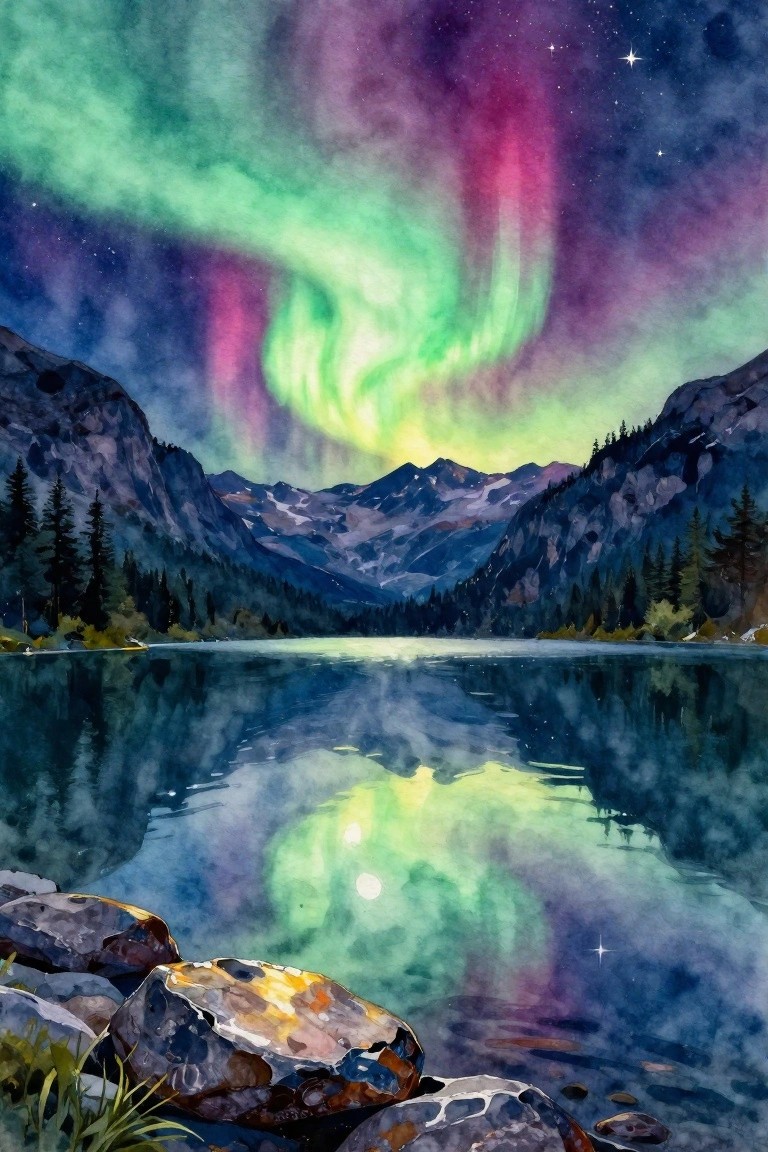 Watercolor of vibrant aurora borealis reflected in a mountain lake at night