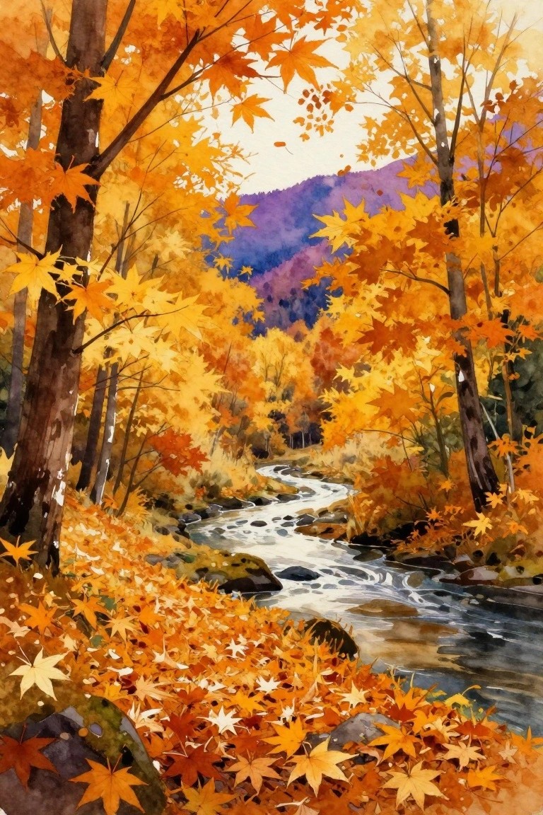 Watercolor of autumn forest with orange maple leaves along winding rocky stream