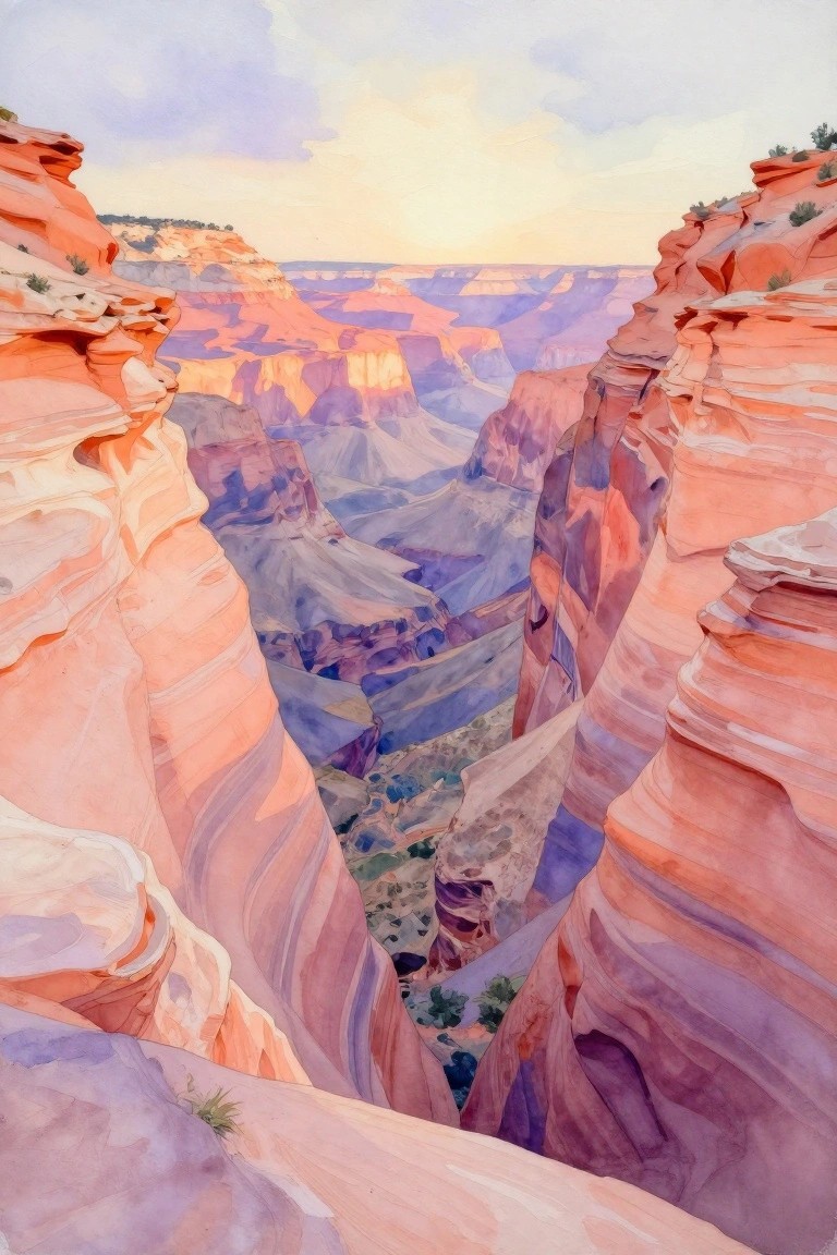 Watercolor of layered orange-red canyon cliffs under a glowing pastel sky.