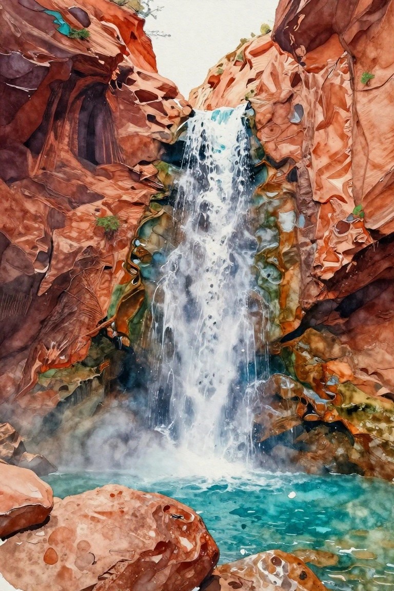 A watercolor painting of a waterfall flowing down reddish rock cliffs into a blue-green pool.