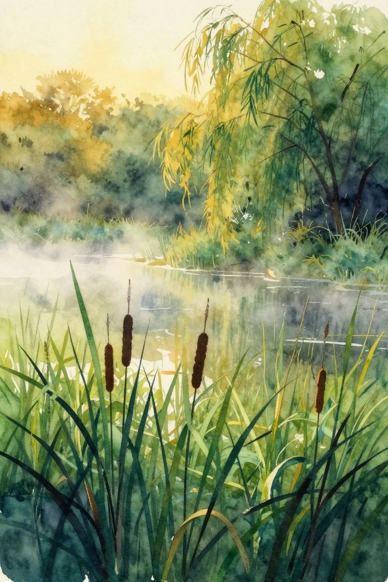 Watercolor of cattails by misty pond with weeping willow at sunrise.