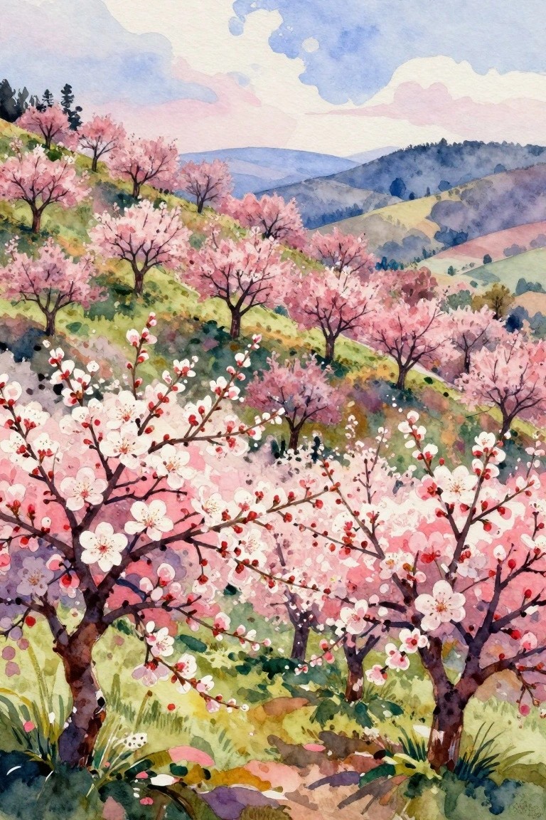 Watercolor landscape of pink cherry blossoms on rolling hills beneath a pastel sky