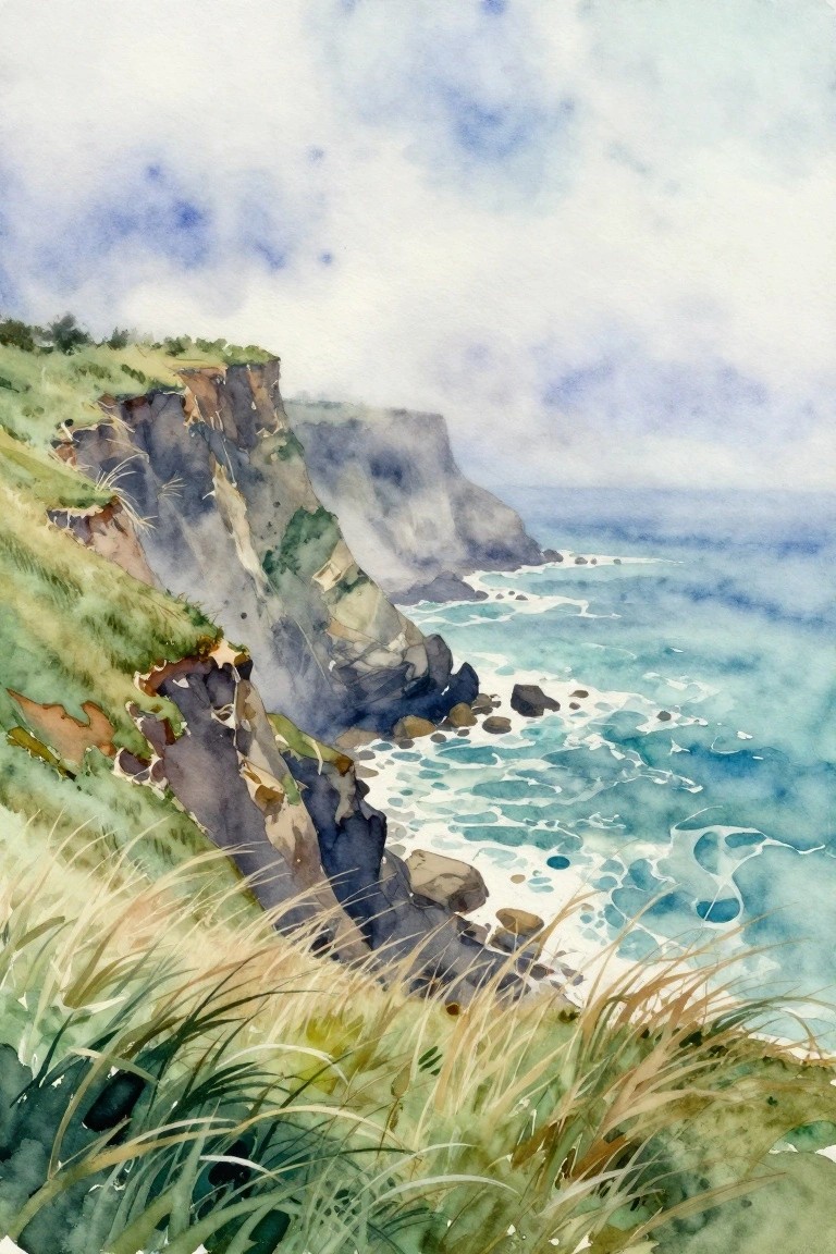 A watercolor painting of steep cliffs beside the ocean with waves and grass in the foreground.