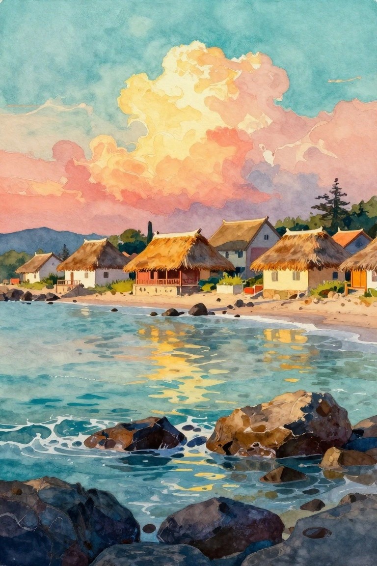 A watercolor painting of a beach with several thatched-roof huts, turquoise water, rocks in the foreground, and a vibrant pink and yellow cloudy sky.