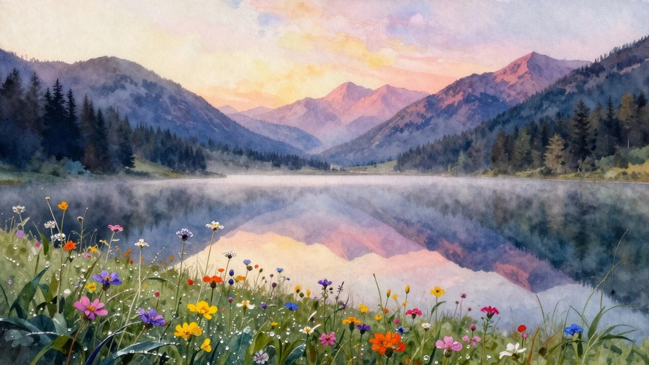 Watercolor landscape of misty mountain lake with vibrant wildflowers and reflections at dawn