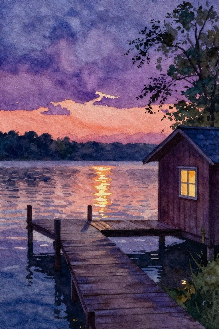 A watercolor painting of a wooden dock extending across a lake toward a small cabin with a lit window, under a purple and orange sunset sky with reflections on the water.