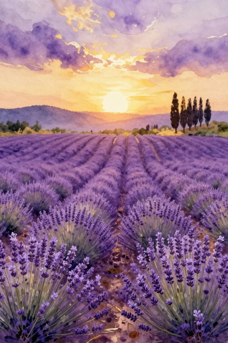Watercolor of lavender rows at sunset with golden sky, clouds, and cypress trees
