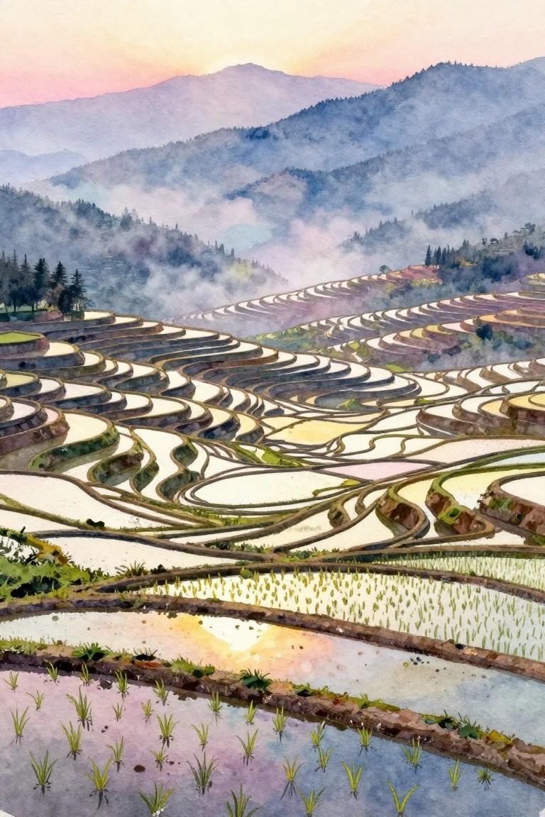 Watercolor of misty terraced rice paddies glowing in a colorful mountain sunrise