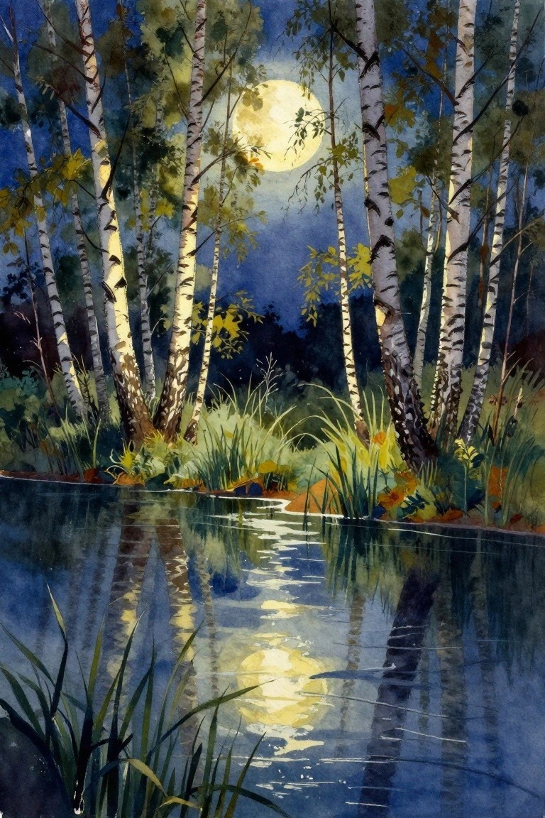 Watercolor of full moon over birch trees reflected in calm nighttime pond
