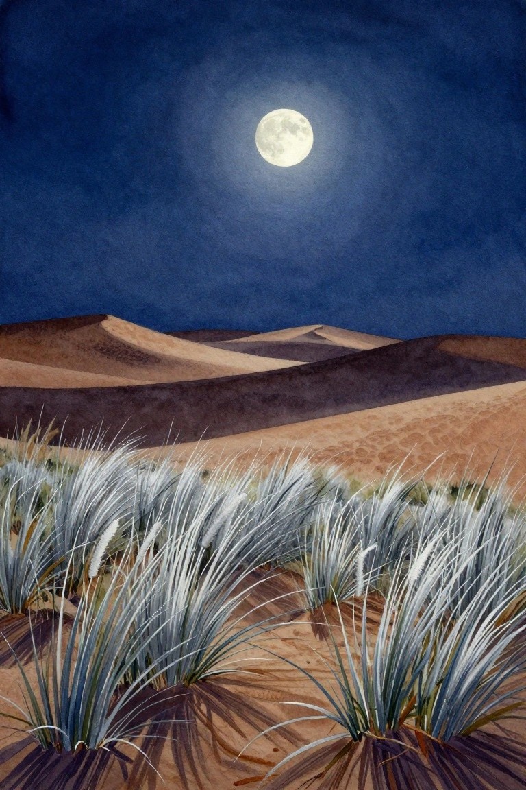 A watercolor painting of sand dunes at night with a full moon and tall grasses in the foreground.