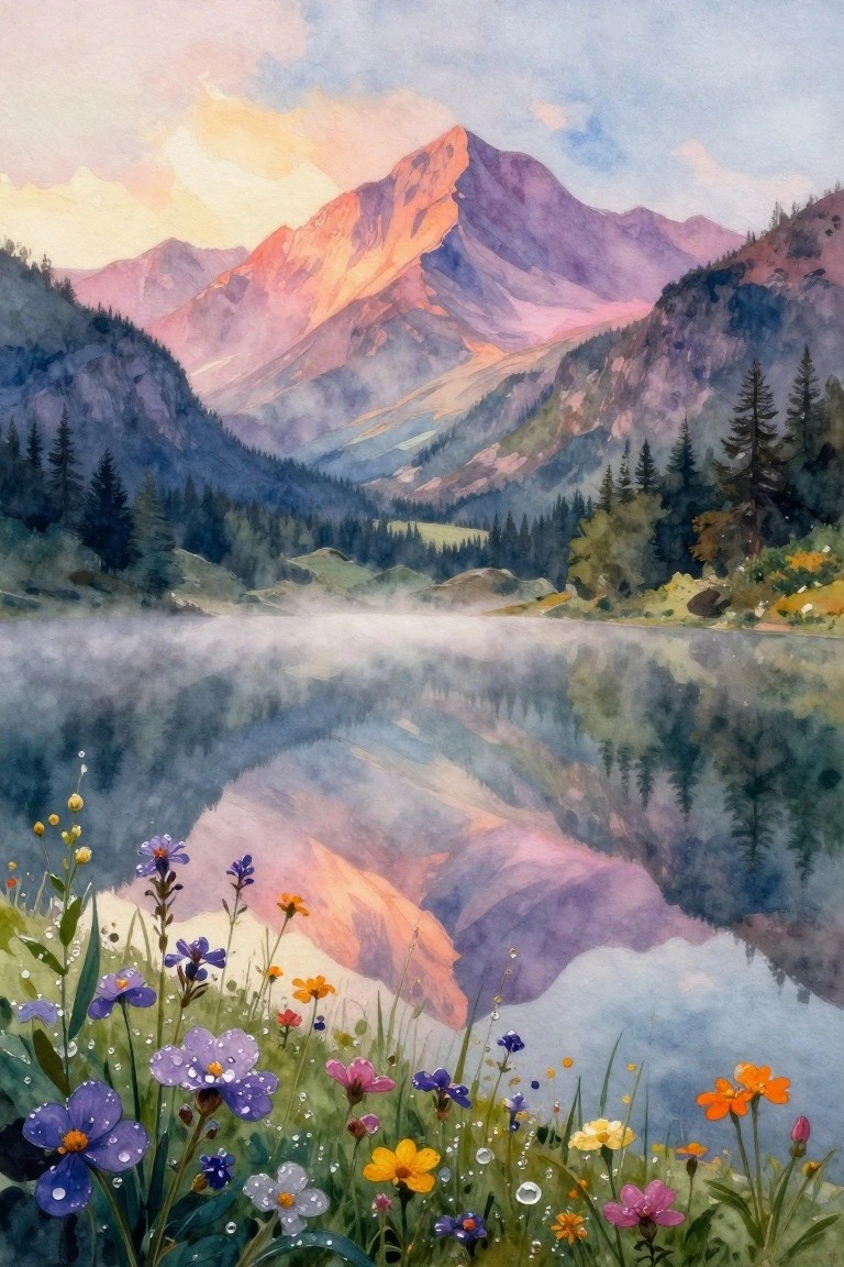 Watercolor landscape of misty mountain lake with vibrant wildflowers and reflections at dawn