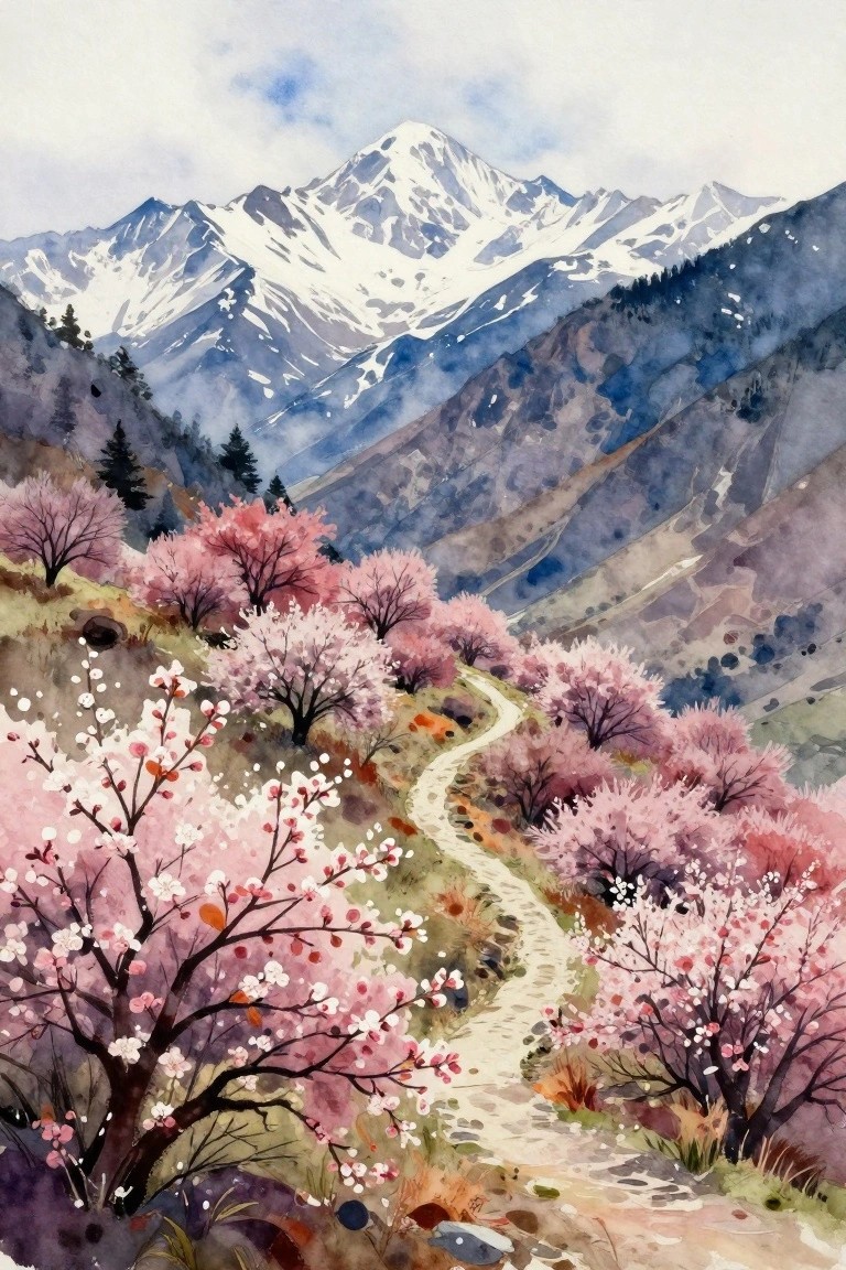 Watercolor landscape of pink cherry blossoms along winding path in snowy mountains