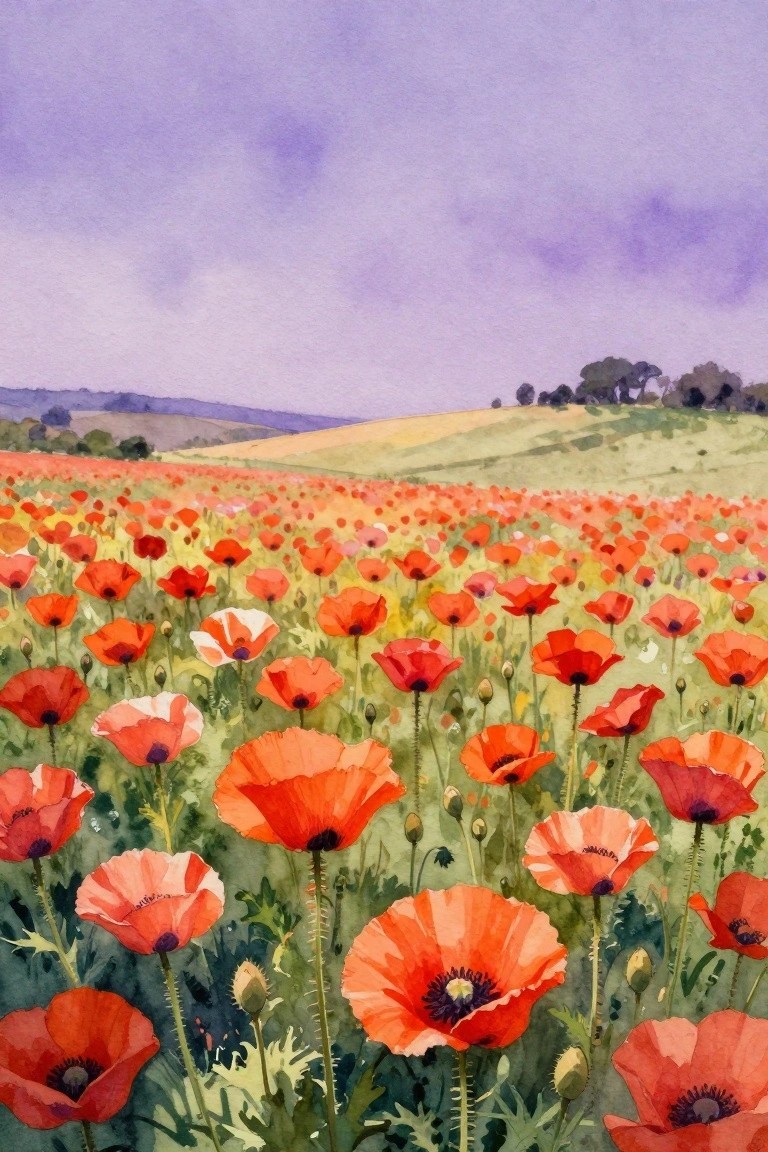 Watercolor painting of vibrant red poppies blooming in a green field under purple sky