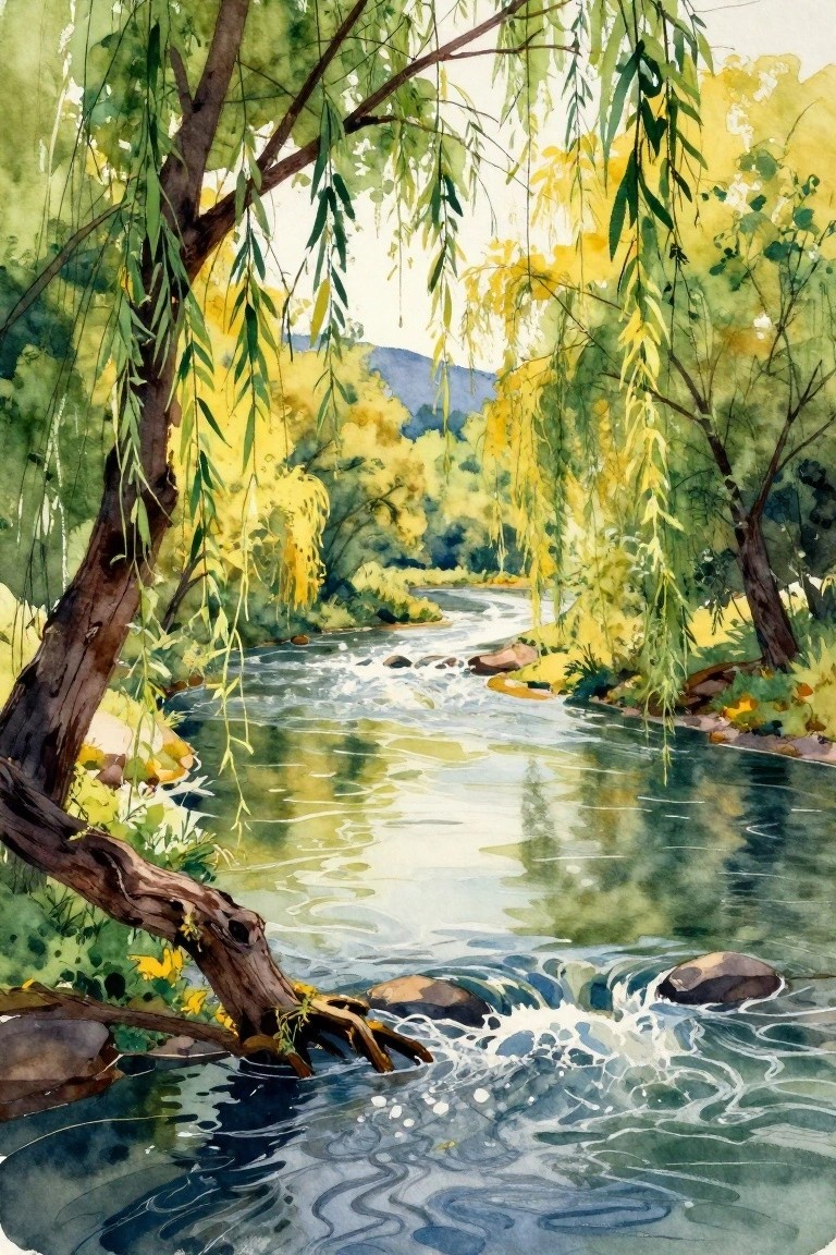 A watercolor landscape showing a river with rocks flowing through trees with long hanging branches on both banks.