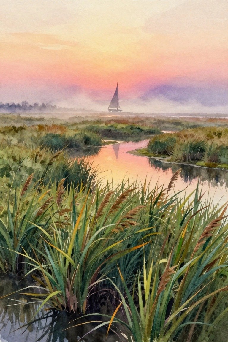 Watercolor painting of tall grasses by a winding river at sunset with a sailboat in the background.