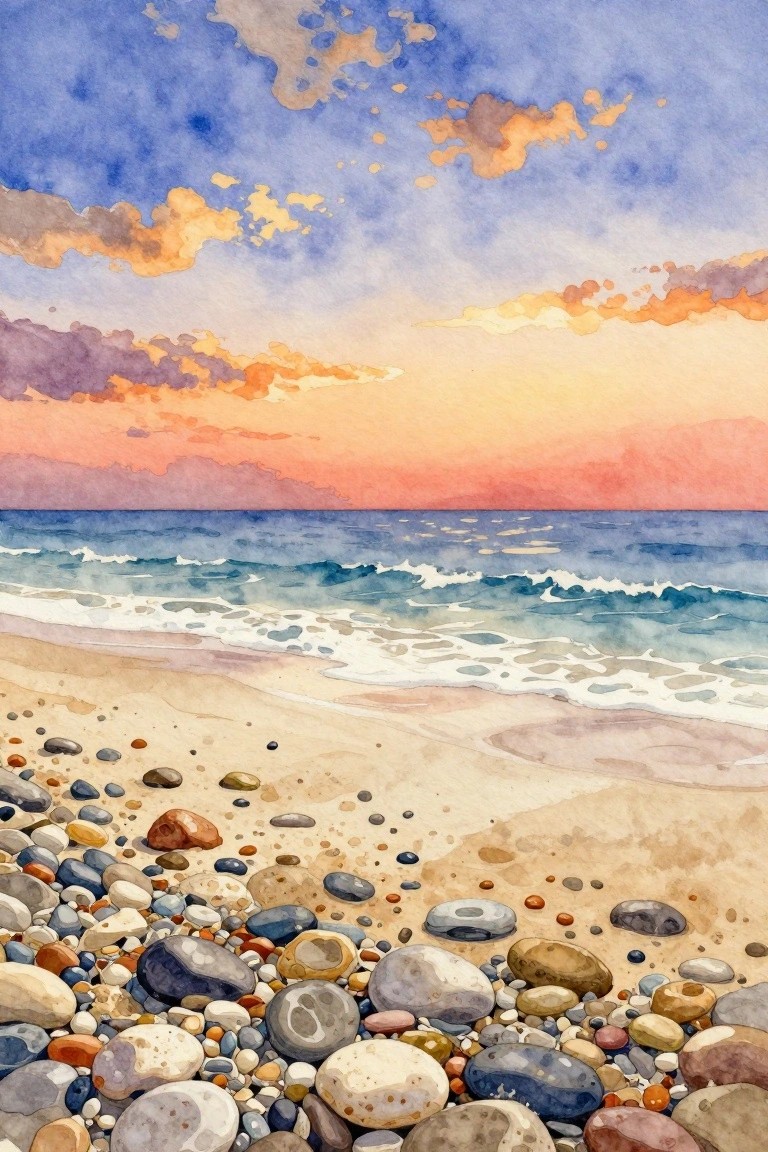 Watercolor sunset beach scene with colorful pebbles, gentle waves, and vibrant sky