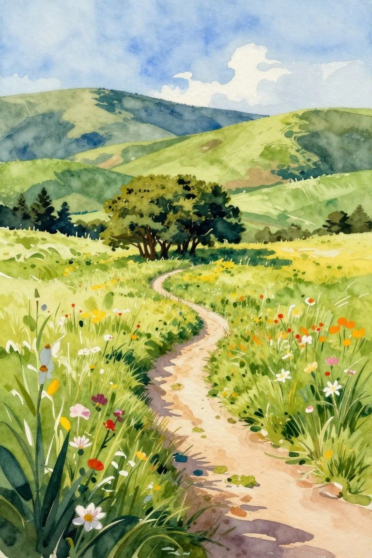 A watercolor painting of a winding dirt path through a meadow of wildflowers with rolling green hills in the background.