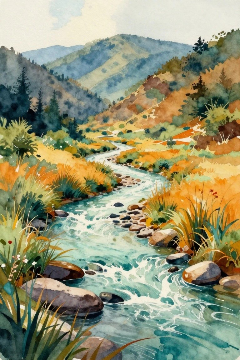 Watercolor of turquoise river winding over rocks through vibrant autumn hills and foliage.