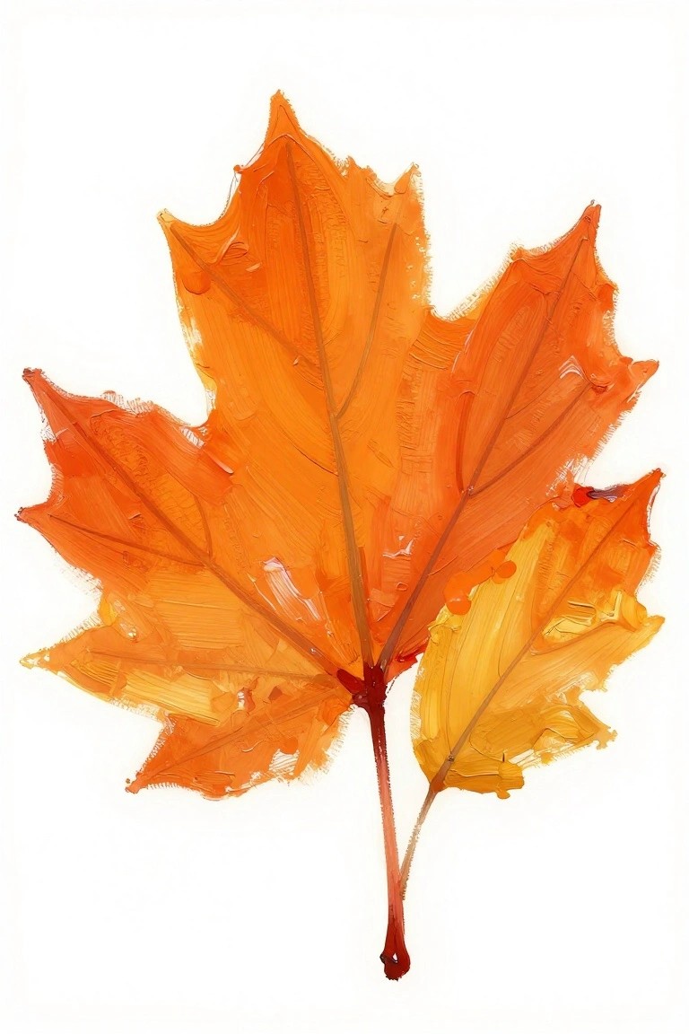 Thickly painted orange maple leaf with yellow edges and red stem