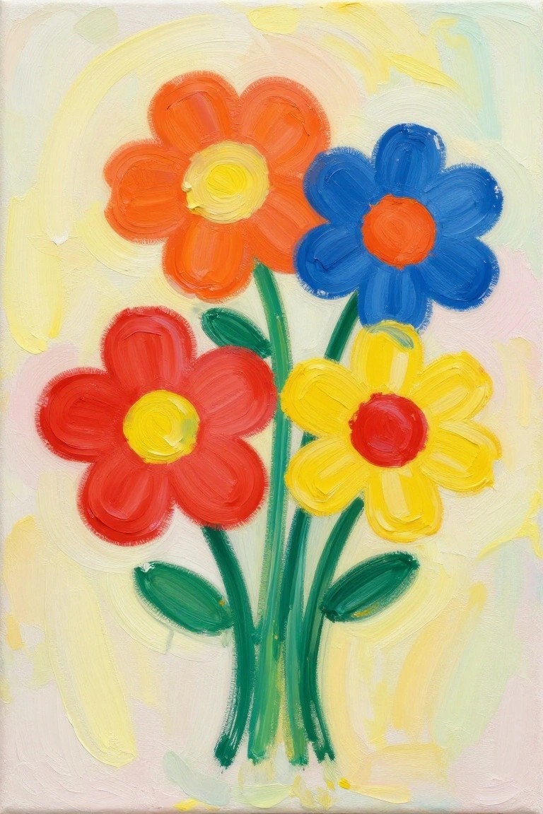 Vibrant painting of four colorful flowers with green stems and leaves