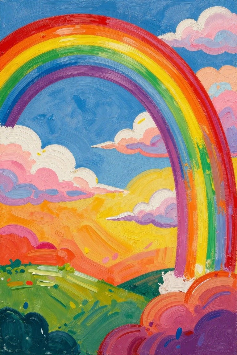 Vibrant rainbow arches over pink clouds and colorful hills in a painted sky
