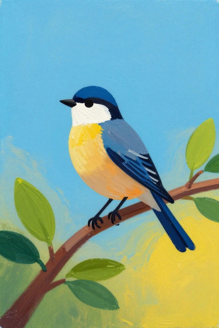 Blue and yellow bird perched on leafy branch against blue sky