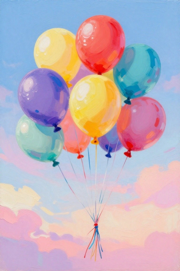 Vibrant cluster of multicolored balloons floating in a pastel blue and pink sky