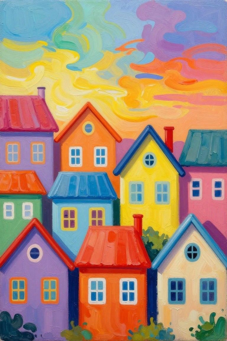 Vibrant painting of colorful whimsical houses under a swirling sunset sky