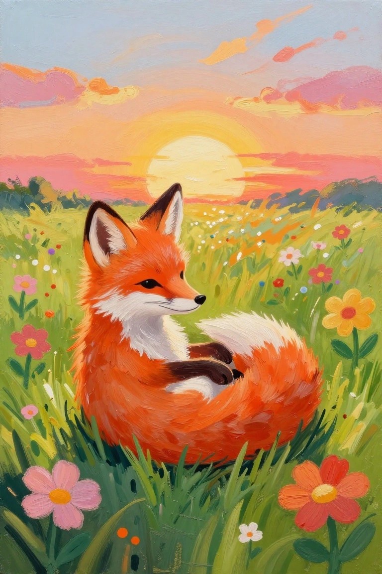 A painting of a red fox curled up in green grass surrounded by colorful wildflowers under a bright orange and pink sunset sky.