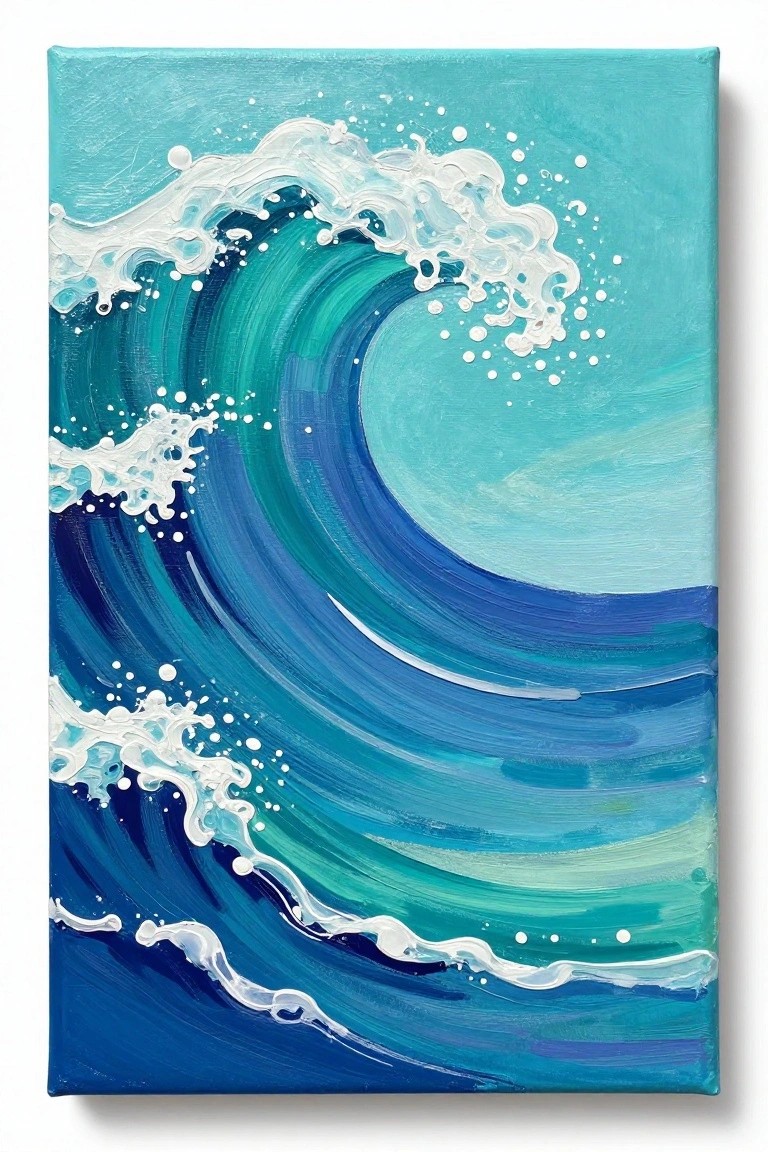 Vibrant painting of curling turquoise ocean wave with white foam on canvas.