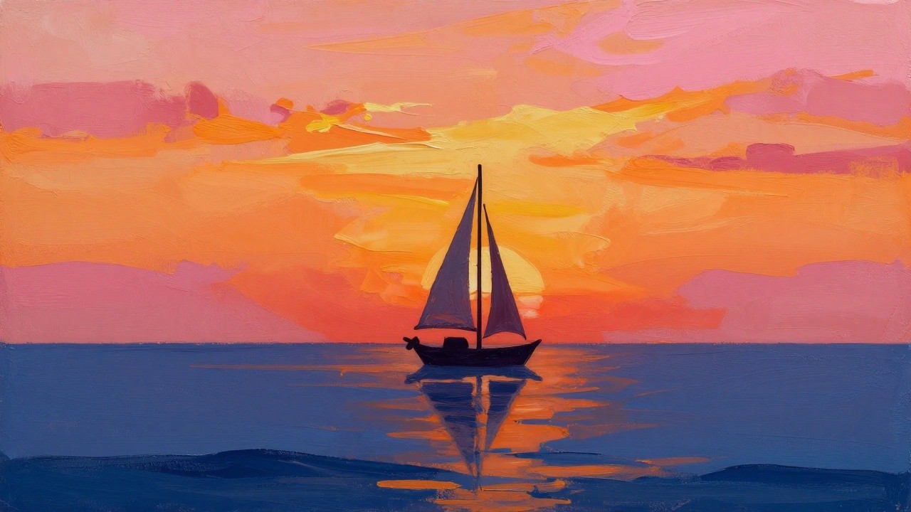 Silhouetted sailboat on calm sea beneath vibrant orange-pink sunset sky with sun reflections