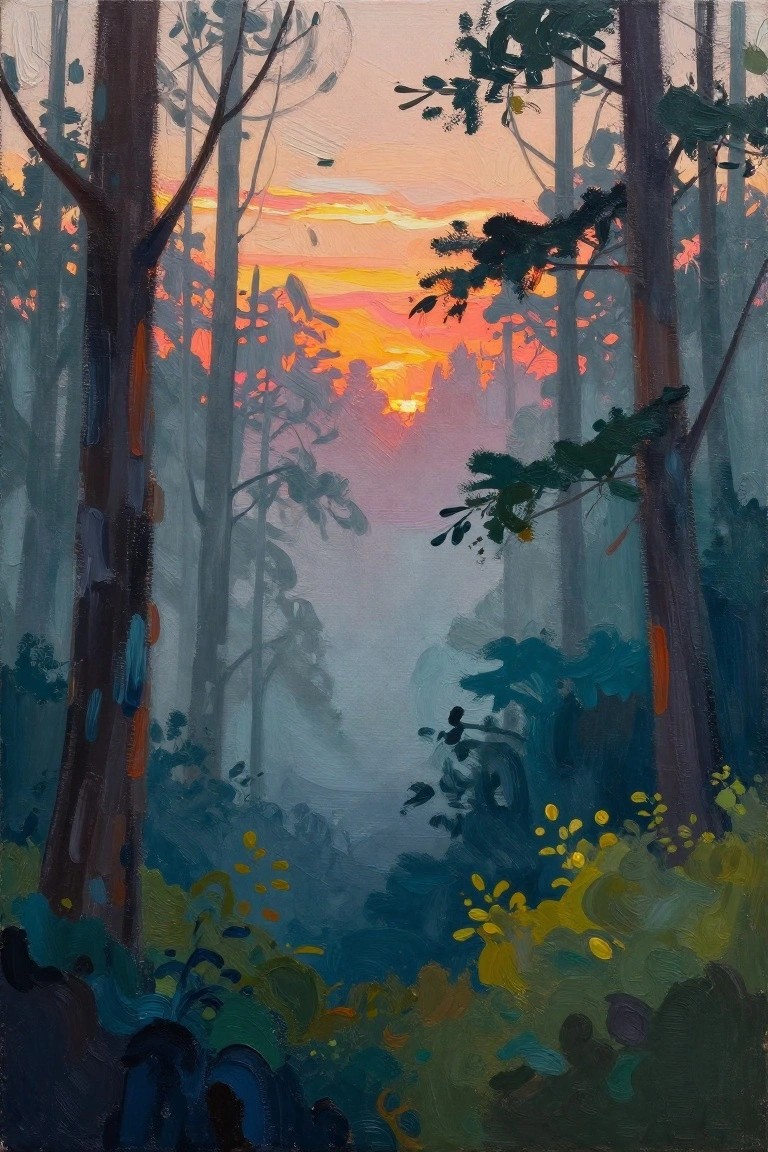 Vibrant sunset glowing through misty forest trees with yellow foreground foliage