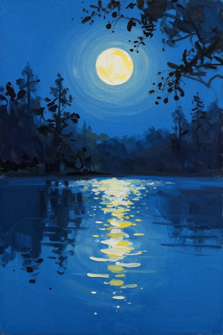 A painting of a bright full moon over dark water with its reflection creating a path of light and silhouetted trees on the sides.