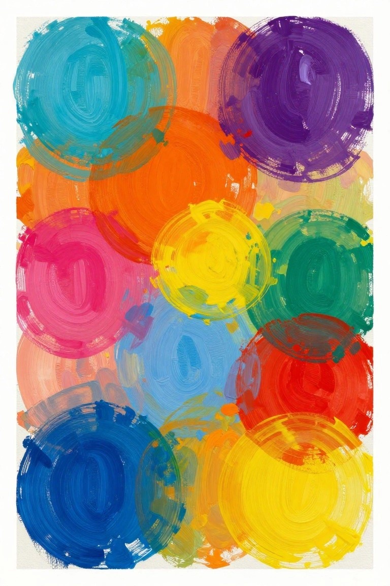 A canvas covered in overlapping circles painted in bright blue, cyan, orange, purple, pink, yellow, green, and red with visible brushstrokes.