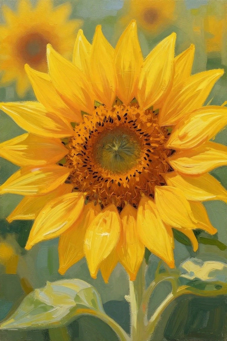 Vibrant yellow sunflower with textured petals and dark seeded center in oil painting style.