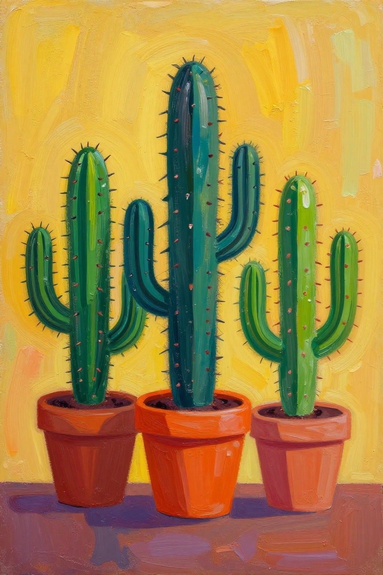 Green cacti in orange pots against vibrant yellow painted background