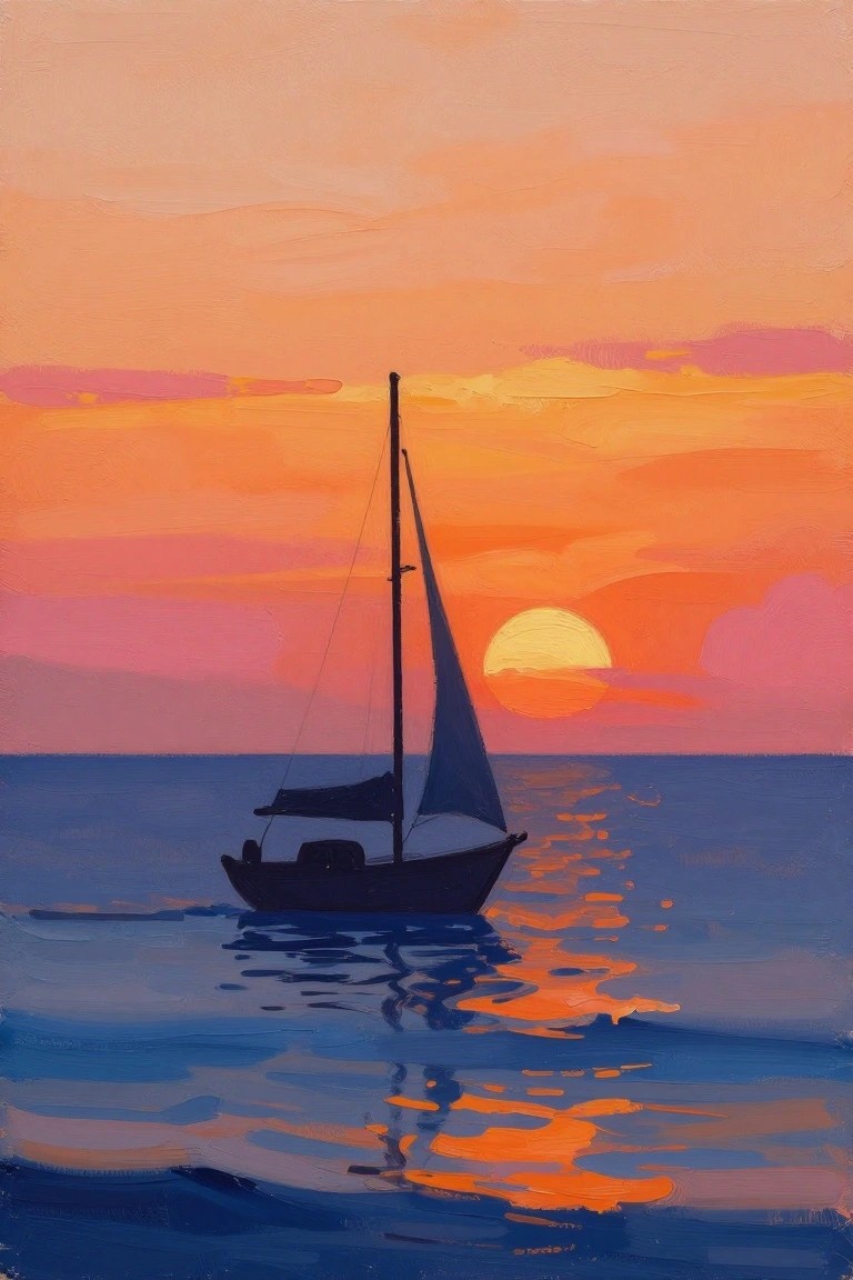 Silhouetted sailboat on calm sea beneath vibrant orange-pink sunset sky with sun reflections