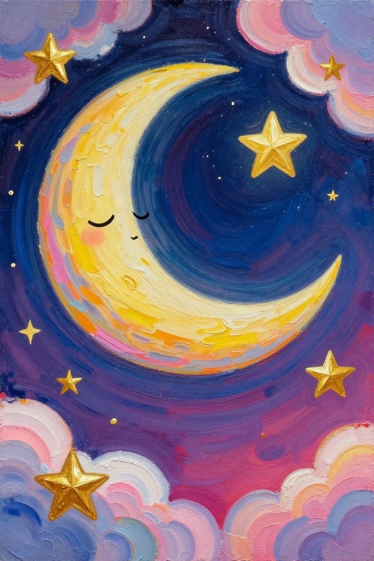 Smiling crescent moon with closed eyes amid golden stars and colorful clouds