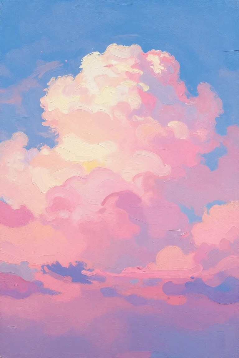 A painting of large fluffy clouds in shades of pink, yellow, and white against a blue sky, with some darker clouds at the bottom.