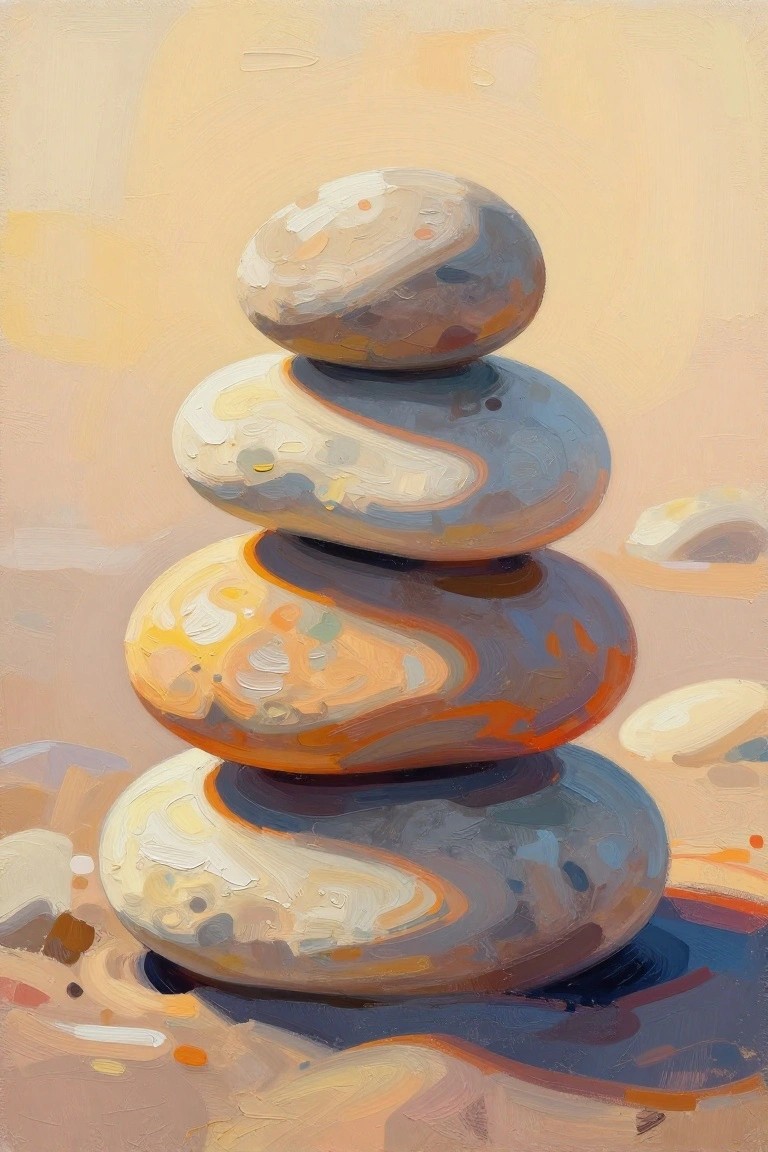 Stacked smooth stones in warm earthy tones with visible brushstrokes.