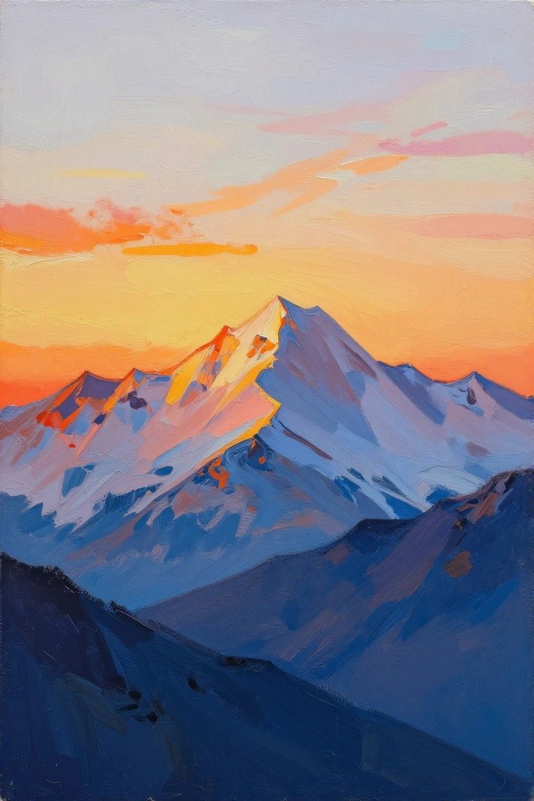Vibrant oil painting of snow-capped mountains glowing under an orange-pink sunset sky