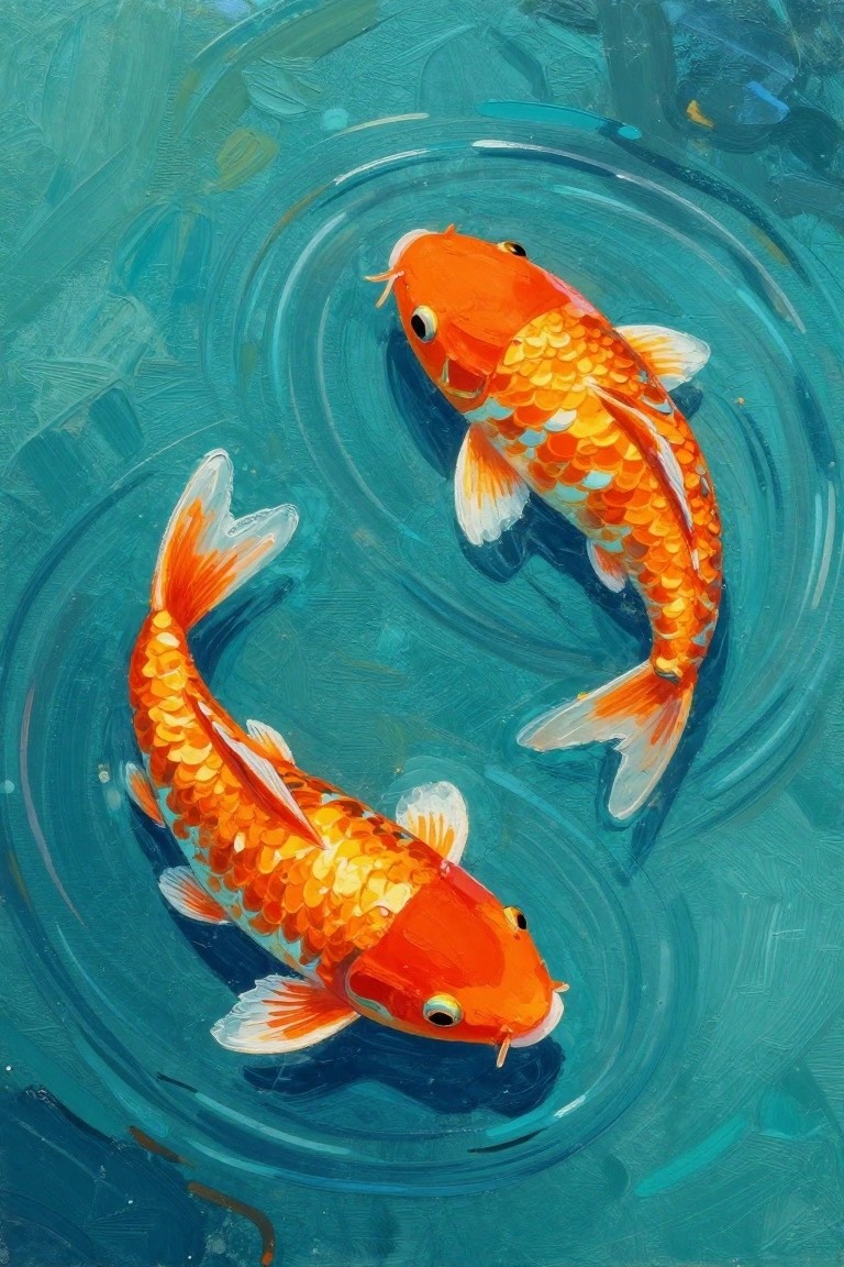 Two orange koi fish circling in turquoise water, oil painting style.